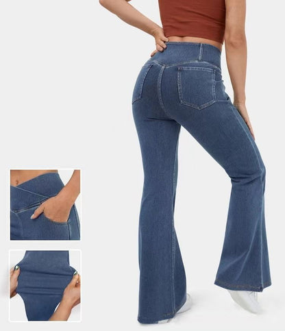 🔥Stretchige Denim-Hose mit hoher Taille und Crossover-Schlaghose👖